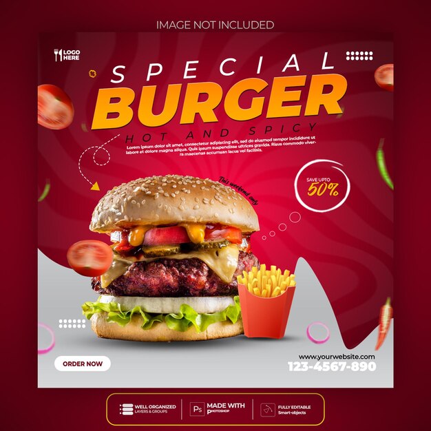 Modelo de design de post instagram de hambúrguer super delicioso