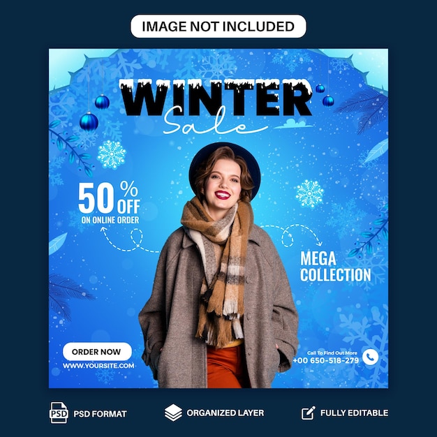 Modelo de design de postagem de publicidade de mídia social de venda de moda de inverno psd com tema de inverno