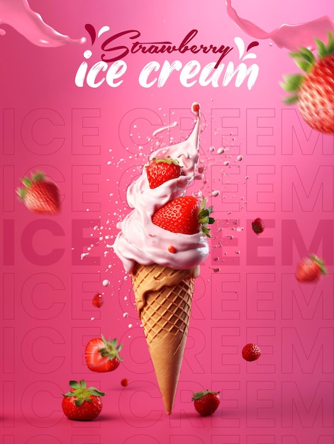 PSD modelo de design de postagem do instagram de casquinhas de sorvete de morango