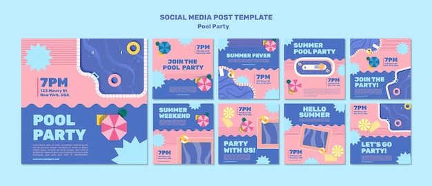 PSD modelo de design de postagens do instagram de festa na piscina