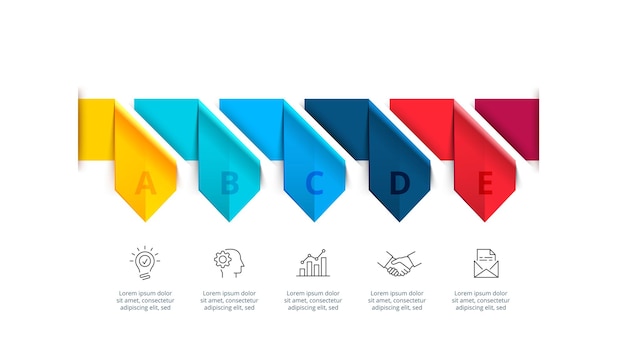 Modelo de design de setas infográfico conceito de 5 etapas ou opções de processo de negócios