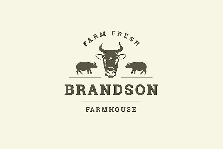 PSD modelo de design do logotipo do mercado local da fazenda monocromática cabeça de vaca e animais de criação de porcos