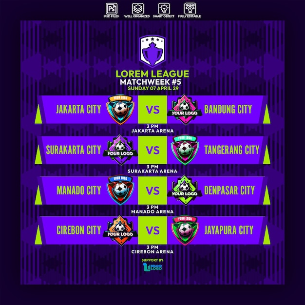 Modelo de design gráfico do horário das partidas de futebol