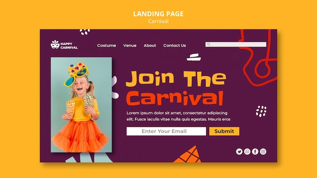 Modelo de design plano da página de destino do carnaval