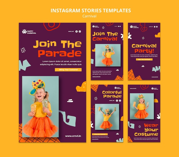 PSD modelo de design plano para histórias de carnaval no instagram