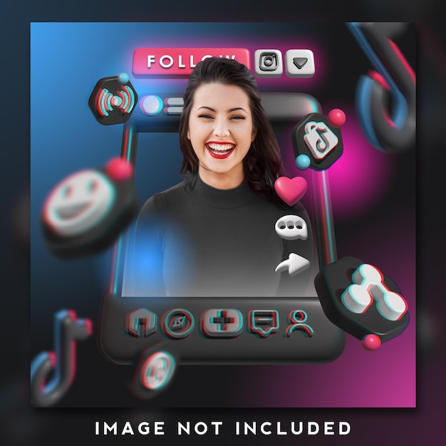 modelo de design tiktok modo escuro com conjunto de ícones 3d