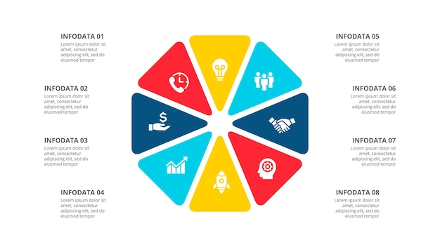 Modelo de diagrama infográfico octógono para apresentação de negócios de ciclo com 8 processos