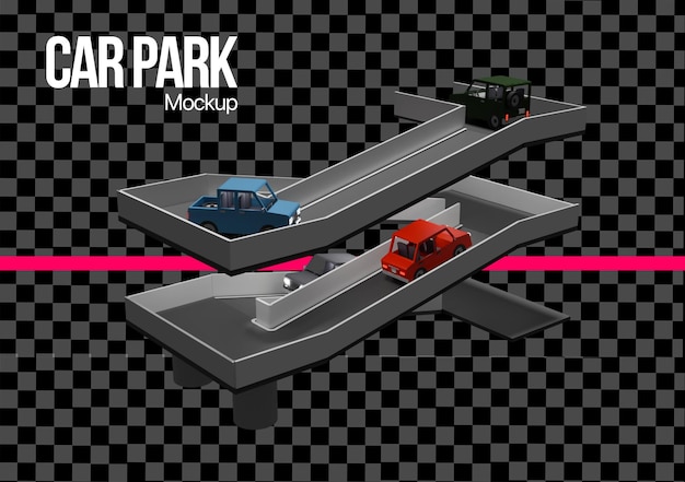 Modelo de edifício de estacionamento 3D com algum veículo