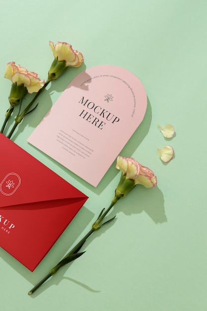 PSD modelo de envelope com cartão e flores