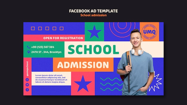 PSD modelo de facebook de admissão escolar de design plano