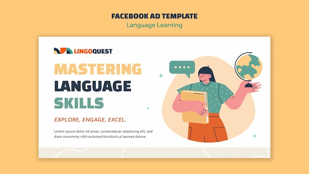 PSD modelo de facebook de aprendizado de idiomas desenhado à mão