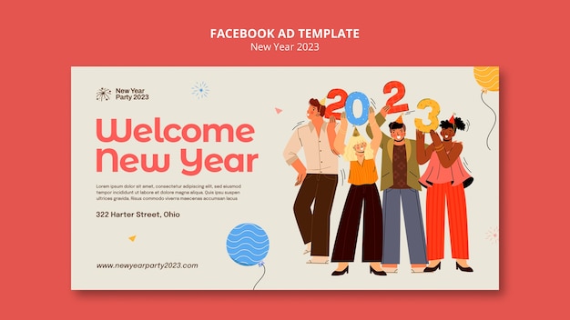 Modelo de facebook de celebração de ano novo de design plano