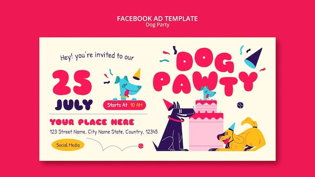 Modelo de facebook de festa de cachorro de design plano