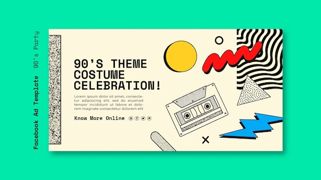 PSD modelo de facebook de festa dos anos 90 desenhado a mão