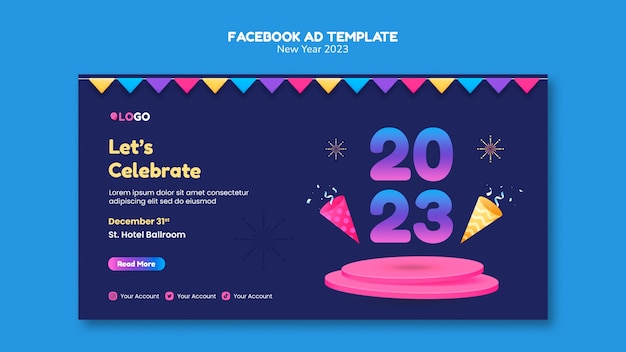 PSD modelo de facebook gradiente de ano novo 2023