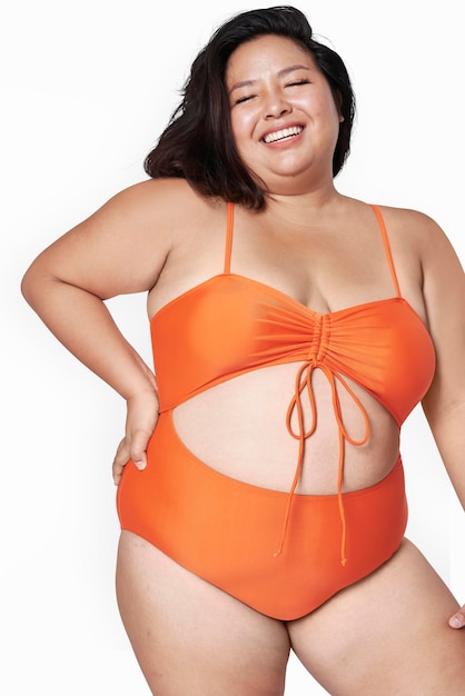 Modelo de fato de banho laranja de tamanho psd plus atraente