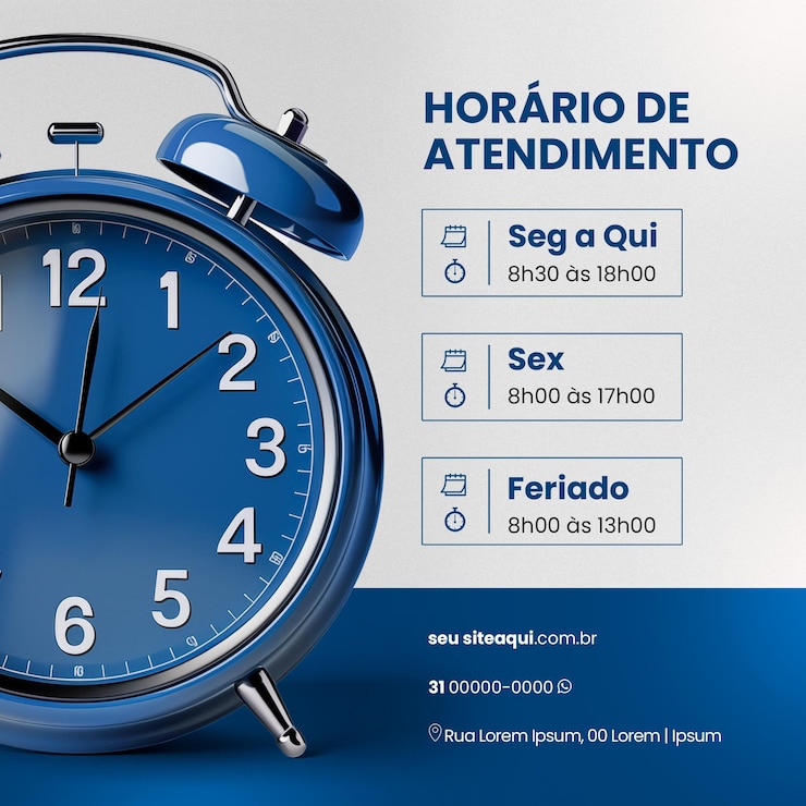 PSD modelo de feed de mídia social horários de abertura para lojas com fundo branco e detalhes azuis