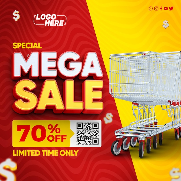 Modelo de feed de mídia social Mega venda de supermercado com até 70 de desconto