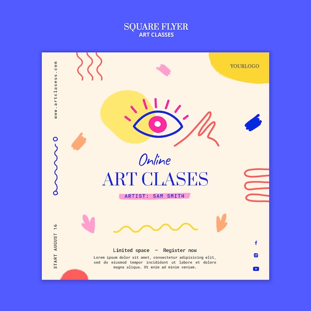 Modelo de flyer quadrado para aulas de arte