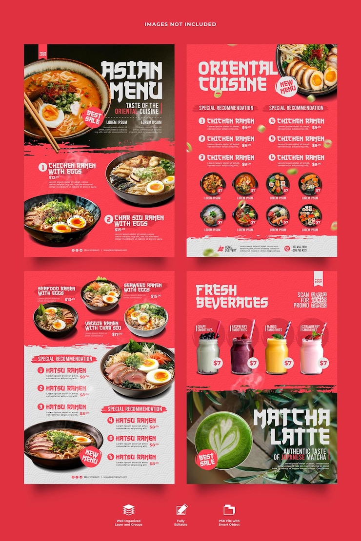 PSD modelo de folheto bifold de cardápio e restaurante de comida asiática japonesa psd