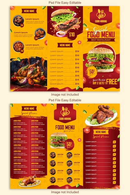Modelo de folheto com três dobras de cartão de menu de comida