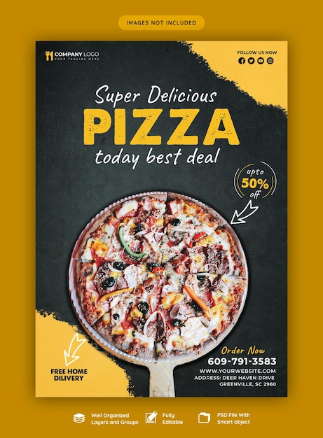 Modelo de folheto de cardápio de comida e pizza deliciosa