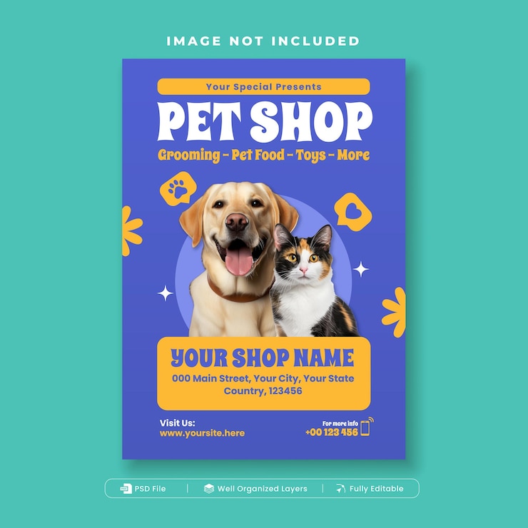 Modelo de folheto de loja de animais de estimação Cuidados com animais de estimações Sentado com ilustração de cão e gato
