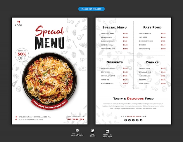 Modelo de folheto de menu e restaurante de comida