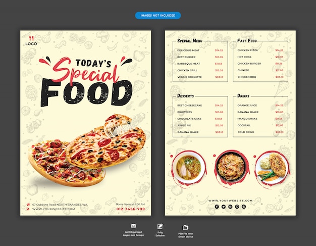 PSD modelo de folheto de menu e restaurante de comida