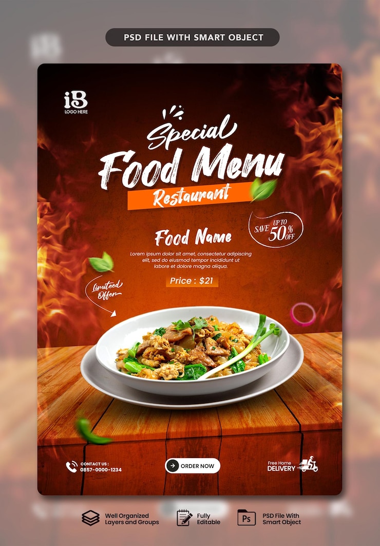 PSD modelo de folheto de promoção de menus de alimentos e restaurantes