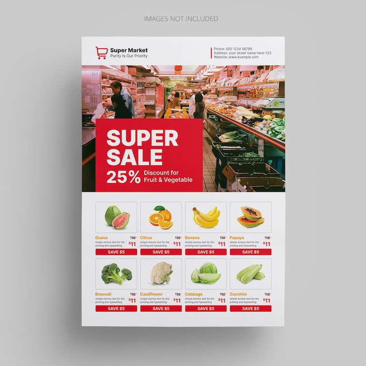 PSD modelo de folheto de supermercado para promoção de produtos de frutas e vegetais com pôster de desconto