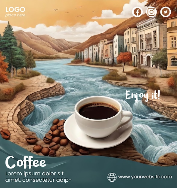 Modelo de folheto premium com ilustração de café e rio
