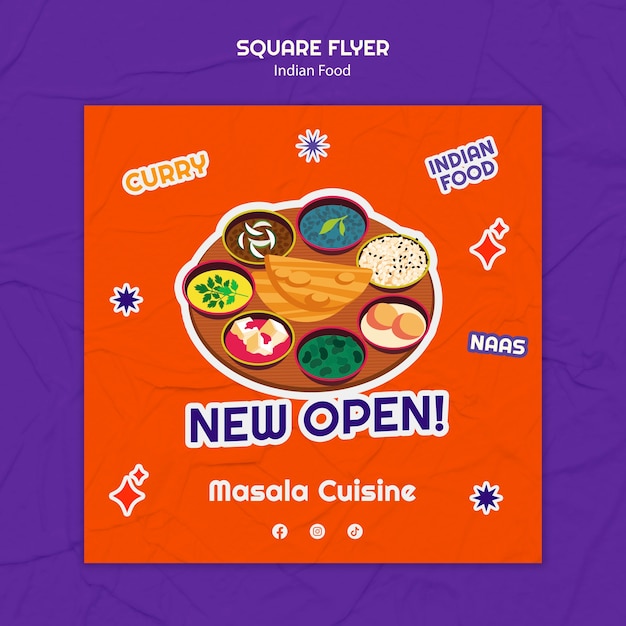 Modelo de folheto quadrado de restaurante de comida indiana de tradição