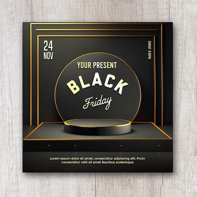 Modelo de fundo de cenário 3d do panfleto black friday com um pódio preto e dourado