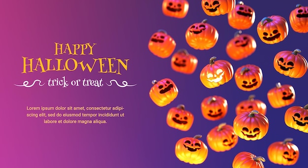 Modelo de fundo de folheto feliz Halloween com abóboras flutuantes e letras em ilustração 3D