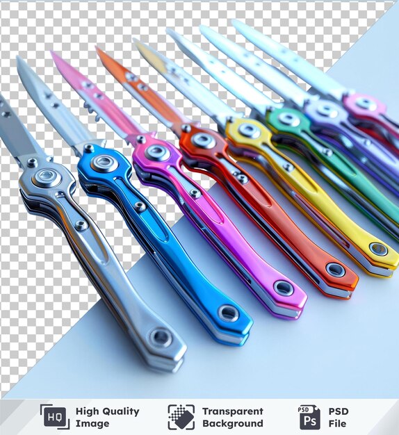 PSD modelo de fundo transparente de cortadores coloridos tesouras lâmina de prata em mesa azul