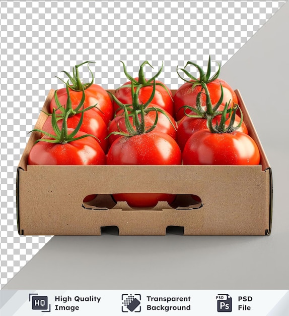 PSD modelo de fundo transparente de tomates frescos em caixa de papelão reciclável
