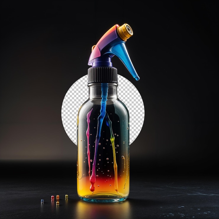 PSD modelo de garrafa de spray colorida de luxo com design de vidro vibrante png branding de garrafa