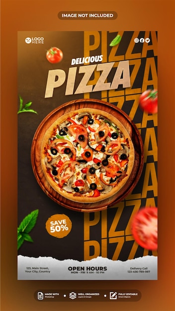 PSD modelo de história de postagem de mídia social de pizza deliciosa