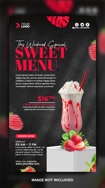 PSD modelo de história do instagram de menu de milk-shake de morango fresco