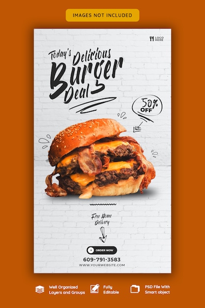 Modelo de história do instagram delicioso menu de hambúrguer e comida