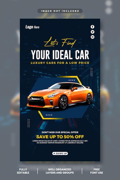 Modelo de histórias do instagram de promoção de carro alugado