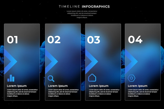 Modelo de infográfico de linha do tempo plana com efeito de vidro