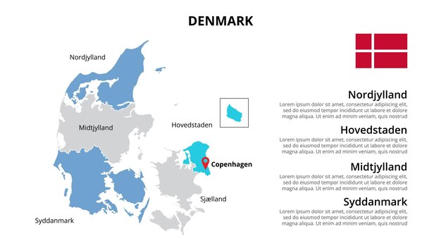 Modelo de infográfico de mapa da dinamarca dividido por países apresentação de slides