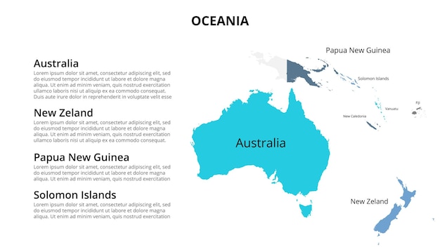 Modelo de infográfico de mapa da oceania dividido por países apresentação de slides