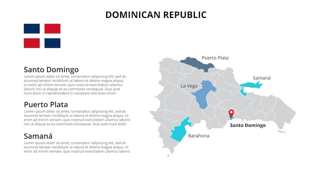 Modelo de infográfico de mapa de photoshop da República Dominicana dividido por países Apresentação de slides
