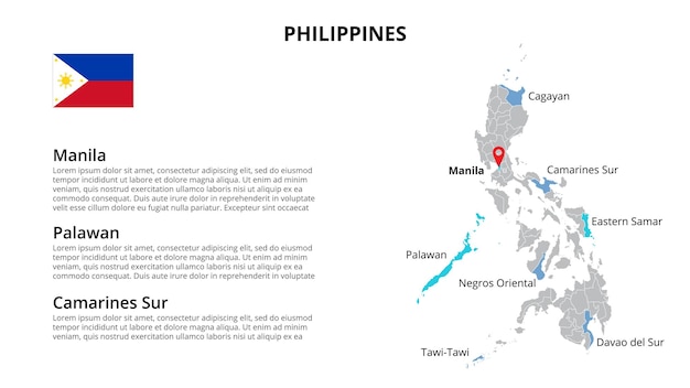 Modelo de infográfico de mapa vetorial das Filipinas dividido por regiões ou províncias de estados