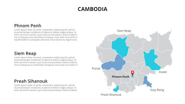 Modelo de infográfico de mapa vetorial do Camboja dividido por estados, regiões ou províncias Apresentação de slides
