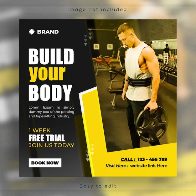 PSD modelo de instagram quadrado de academia e fitness ou flyer e post de mídia social banner design