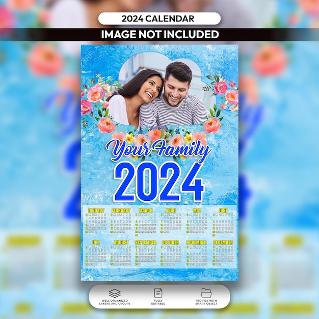PSD modelo de layout de design de calendário familiar bonito floral azul psd 2024